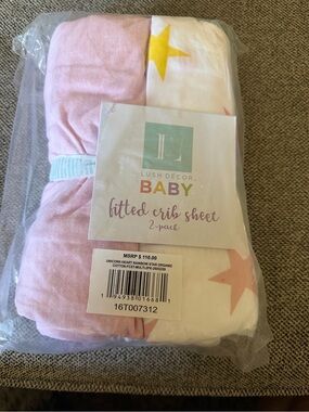 NWT Lush Décor BABY Pink & White Star Fitted Crib Sheet 2-Pack Organic Cotton